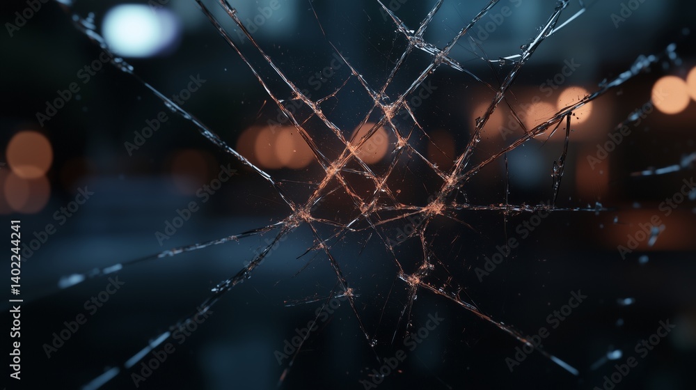 Aufkleber shattered glass reflecting light and creating an intricate pattern in a dimly lit environment