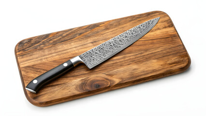 Elegant kitchen setup with Damascus steel knife on wooden cutting board, showcasing craftsmanship and functionality in culinary tools