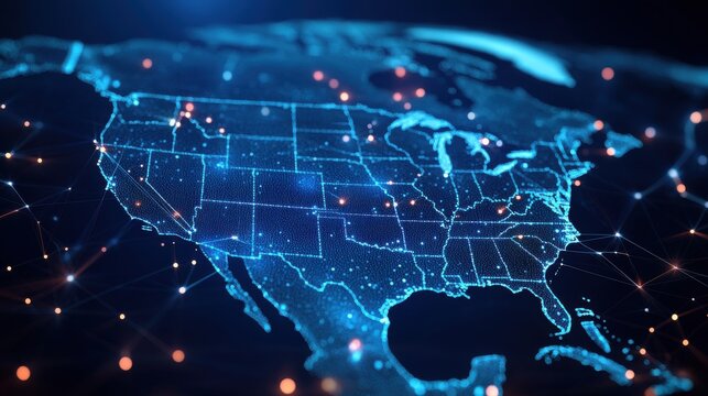Digital map of USA, concept of North America global network and connectivity, data transfer and cyber technology, information exchange and telecommunication.