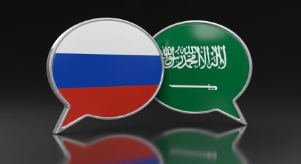 Obraz premium Diplomacy rendered: Overlapping speech bubbles representing Russia and Saudi Arabia