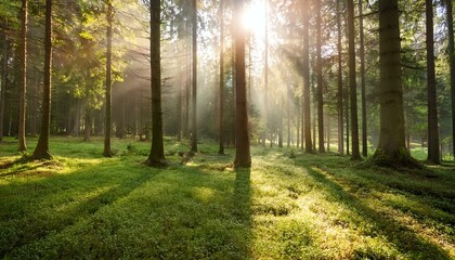 Fototapeta premium Sunlight filtering through trees in a serene forest landscape.