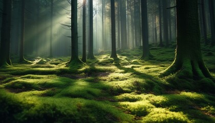 Fototapeta premium Sunlight filters through tall trees in a serene forest, illuminating the vibrant green moss.