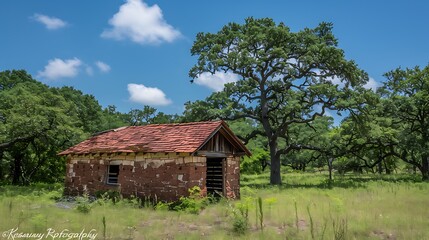 Obraz premium A weathered red-roofed building stands amidst a grove of large trees.