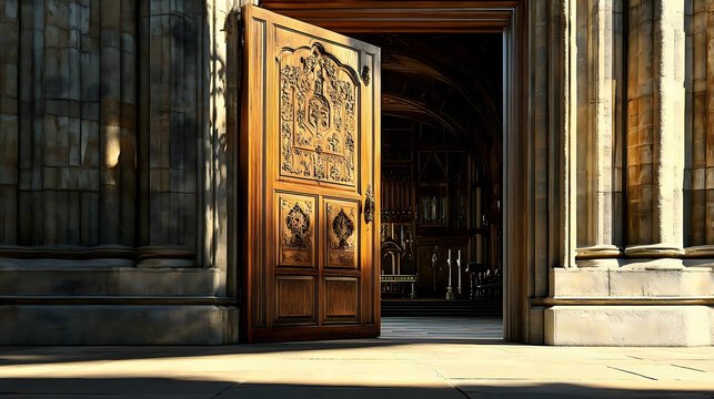 Ornate Wooden Doorway of an Ancient Stone Building