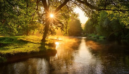 Obraz premium A serene river scene at sunrise, surrounded by lush greenery and tranquility.