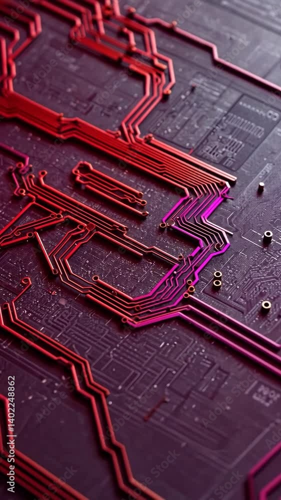 Poster abstract close-up of a complex circuit board with glowing red and magenta pathways in a detailed tec