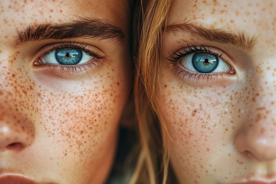 A close up of two young girls with freckles on their faces