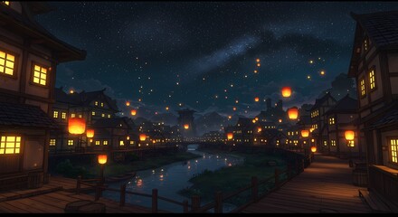 Anime Village at Night with Lanterns and Starry Sky