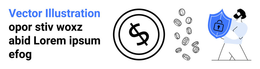 Shield with a lock, currency symbol, and cascading coins suggest safeguarding finances, digital security, and economic stability. Ideal for fintech, investment, saving, budgeting cybersecurity