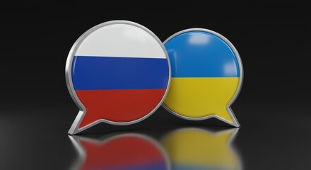 Fototapeta premium Two Overlapping Speech Bubbles with Russia and Ukraine Flags Reflecting Diplomacy
