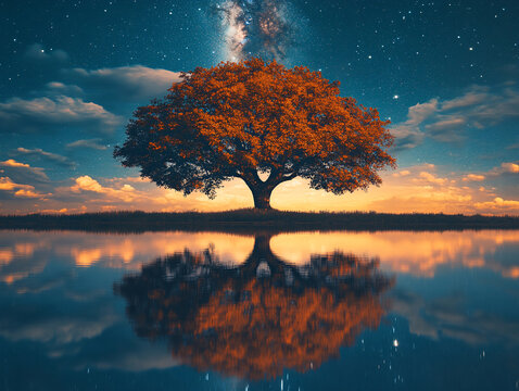  tranquil scene with a solitary tree standing on a grassy mound, reflecting in a calm body of water. The backdrop is a starry night sky with the Milky Way visible, and the colors of the sky range from - Powered by Adobe