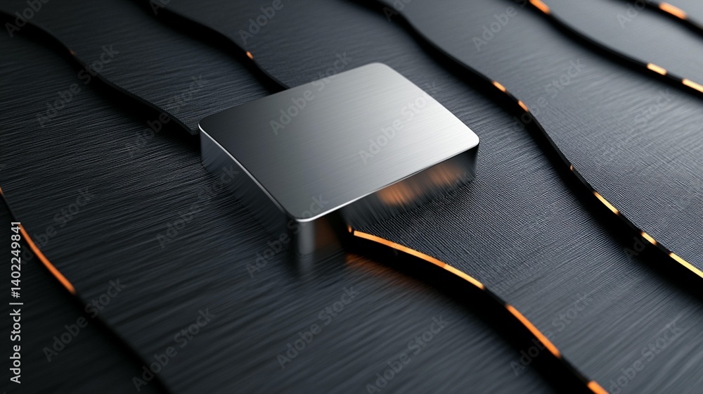 Poster metallic square block on dark wavy surface with glowing lines.