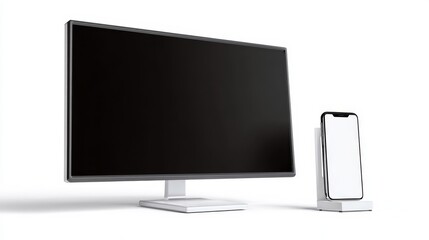 Modern black monitor and smartphone with white dock on white background.