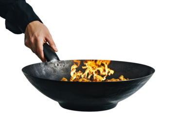 Culinary Fusion: A hand holding a sizzling wok filled with dancing flames, symbolizing culinary artistry and the joy of cooking. 