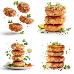 Crab cakes flying, spices and herbs, isolate on white background. Collection.