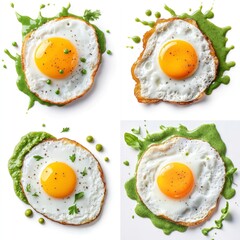 Fried egg splashing, green chutney sauce, isolate on white background. Collection.