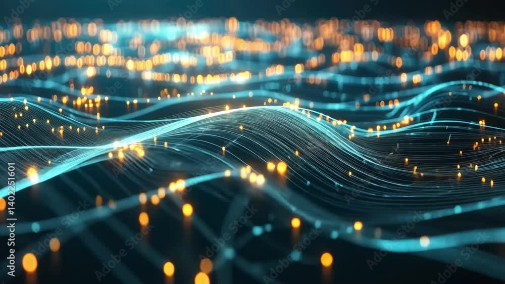 Aufkleber mesmerizing abstract waves glowing particles in digital landscape of light and color, evoking moveme