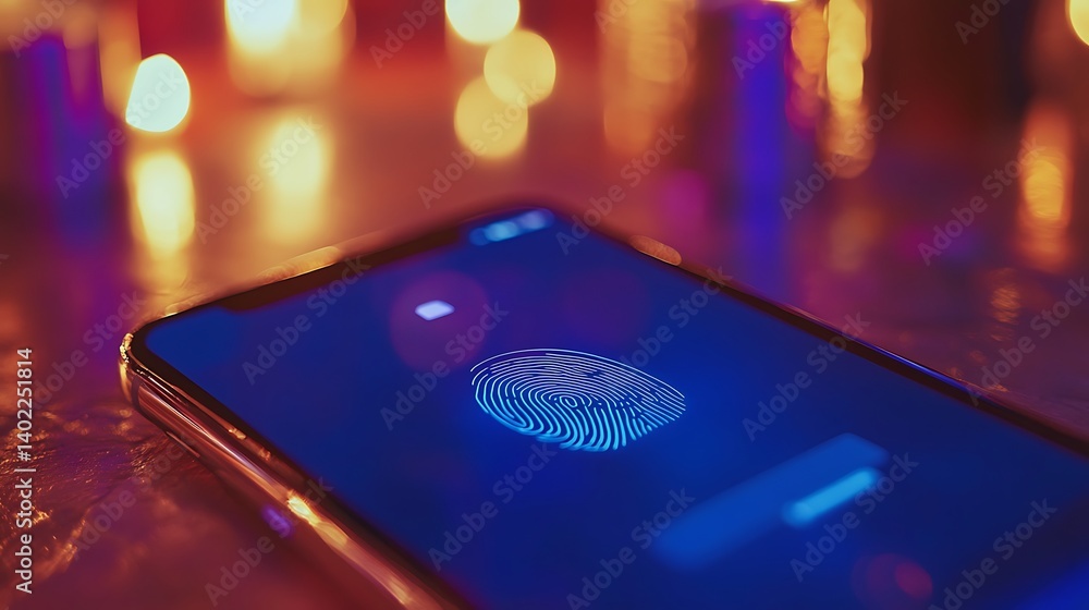 Poster close-up of a smartphone displaying a fingerprint unlock screen with colorful bokeh lights in the ba