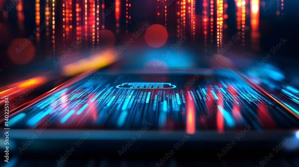 Aufkleber close-up of a smartphone displaying vibrant data streams and digital patterns against a blurred back