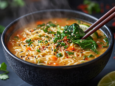 bowl of hot soup with noodles, vegetables, and a lime wedge on top. The bowl is placed on a dark surface, and there are chopsticks and a small bowl of sesame seeds nearby.