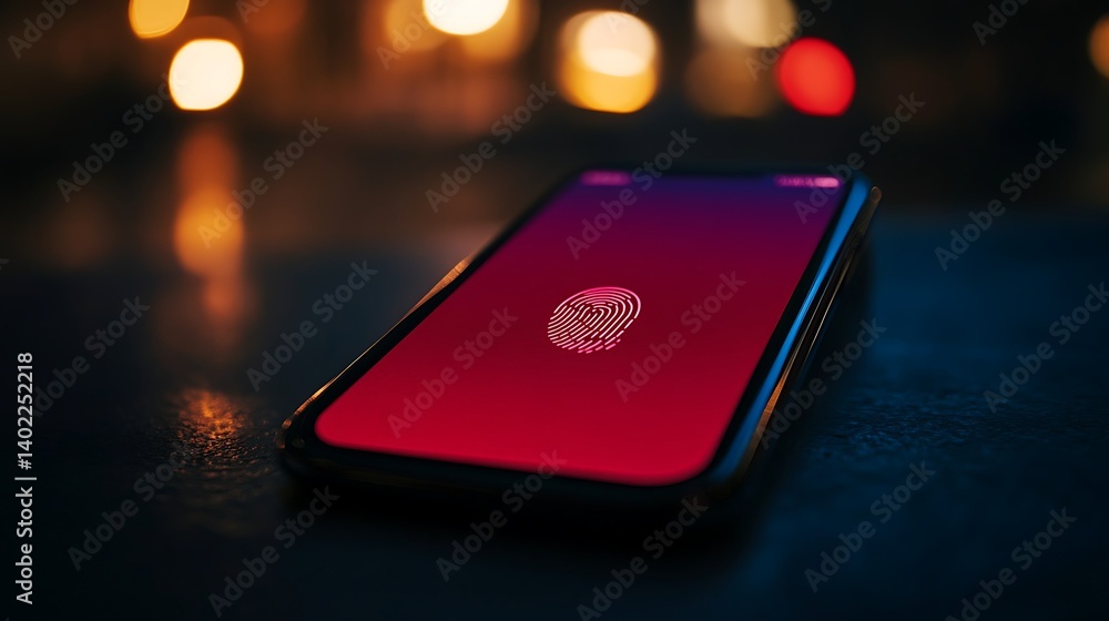 Poster close-up of a smartphone with a fingerprint scanner illuminated against a blurred nighttime backdrop