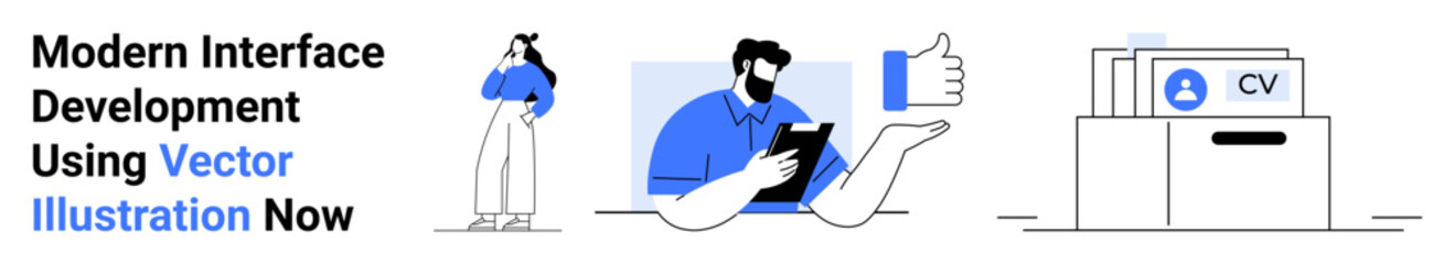 Professional analyzing digital content on a tablet, thumbs-up icon, document files with CV. Ideal for tech, hiring, development, user experience, recruitment, digital strategy flat landing page