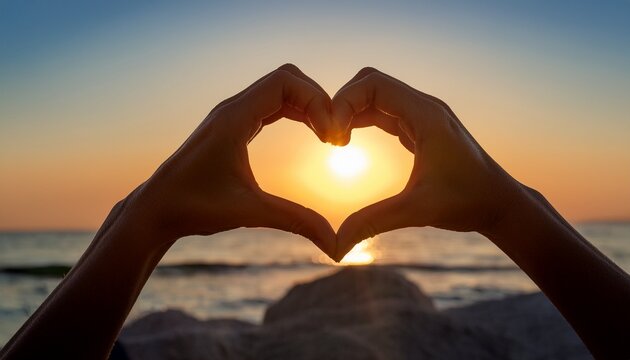The silhouette of a woman on the beach, forming a heart with her hands above her head while watching the sunset over the sea. close up