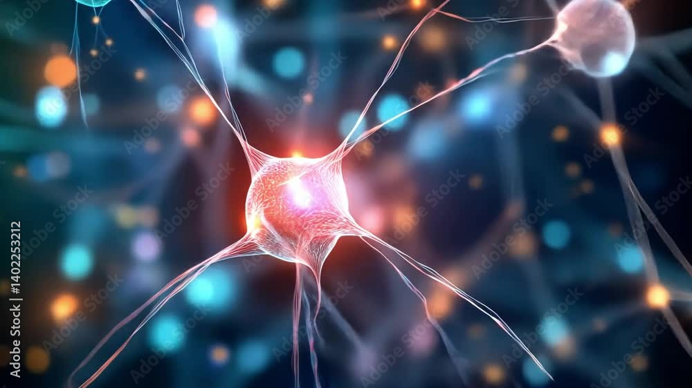 Poster colorful neurons and glowing synapses vibrant network of brain communication in science and technolo