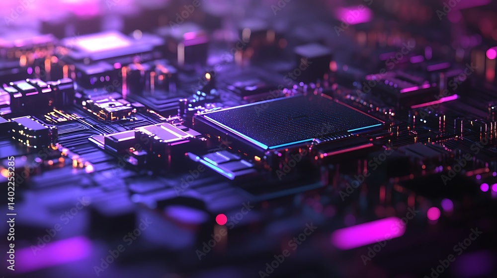 Poster close-up of a vibrant circuit board with glowing components, showcasing intricate technology details