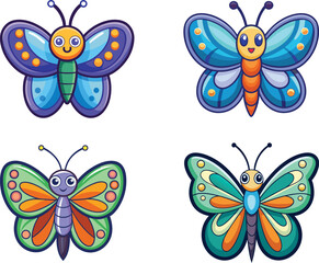 Set of Four Adorable Cartoon Butterflies Vector Illustrations with Colorful Wings and Friendly Faces, Ideal for Children's Designs, Nature Themes, and Spring Concepts