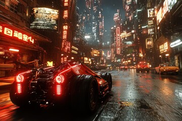 Cyberpunk City Rain Red Sports Car Night Drive