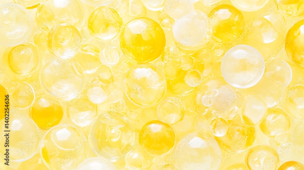 Poster close-up of translucent yellow bubbles in various sizes, creating a vibrant, textured background eff