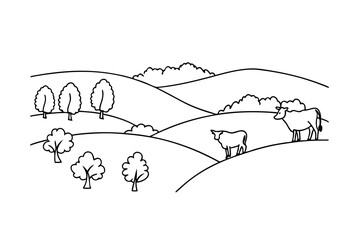 Rural Landscape Outlines Cows Trees Hills Minimalist Black And White Vector Illustration