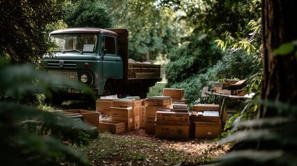 Fototapeta premium Nostalgic vintage truck with wooden crates in forest clearing