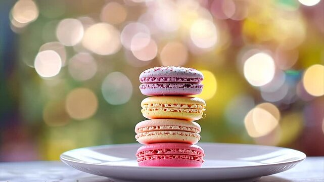 A stack of pastel-colored macarons on a plate