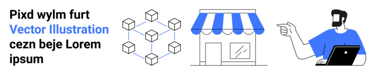 Blockchain cube network, retail storefront with awning, person with laptop pointing. Ideal for e-commerce, blockchain, fintech, digital business, innovation, technology flat landing page banner