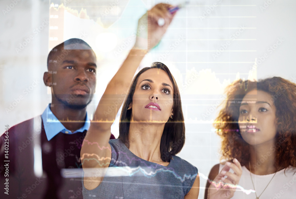 Poster technology, glass board and business people in office with stock exchange data, graphs and statistic
