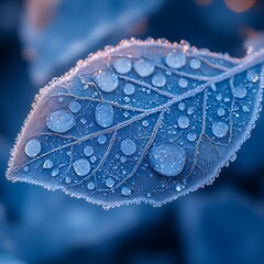 Detailed macro shot of frost crystals forming on a frozen leaf, delicate patterns and textures under soft, cool lighting, close-up perspective emphasizing the intricate ice formations.