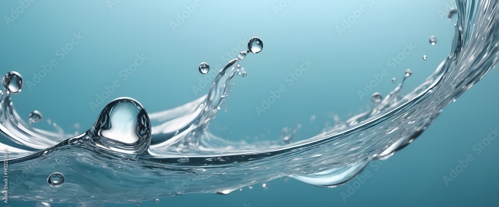 Poster water splash: dynamic water splash with droplets, creating an elegant curve. close-up view of pure w