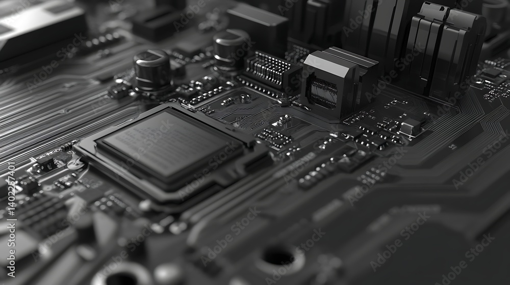 Poster close-up view of a black computer motherboard showcasing intricate circuitry and components