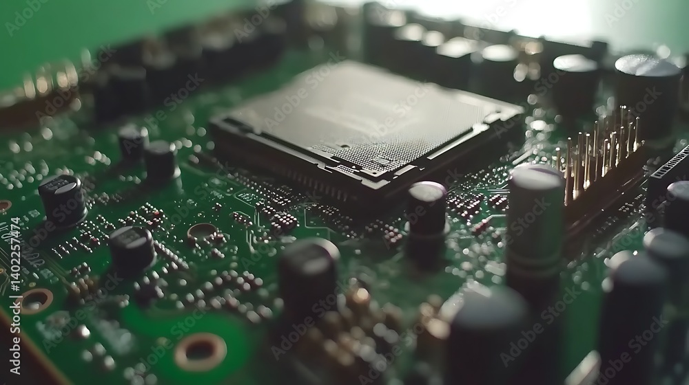 Poster close-up view of a circuit board showcasing intricate components and connections, highlighting techn