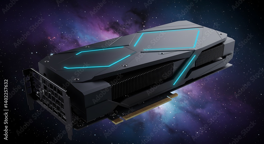 Poster modern black gpu on space background with futuristic cyan glowing lines