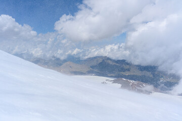Amazing scenery of the view on the glacier of Mount Elbrus Caucasian ridge.