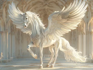 Wall murals a majestic white unicorn with wings, captured in a dynamic pose with its legs lifted as though it is galloping. The scene is set in a grand, ancient temple-like structure with stone 