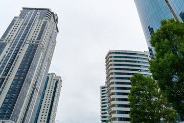 Skyscrapes of Grozny City. Angled view of a large, window covered building.