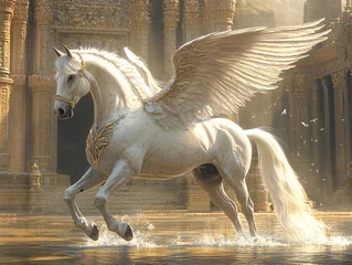a majestic white unicorn with wings, captured in a dynamic pose with its legs lifted as though it is galloping. The scene is set in a grand, ancient temple-like structure with stone 