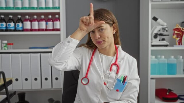 Young woman caucasian doctor in uniform mocking people with loser gesture using finger on forehead in clinic setting