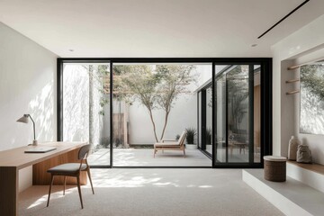 Minimalist home office natural light glass door