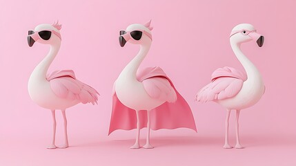Obraz premium Three Cute Pink Flamingos Wearing Sunglasses and Crowns