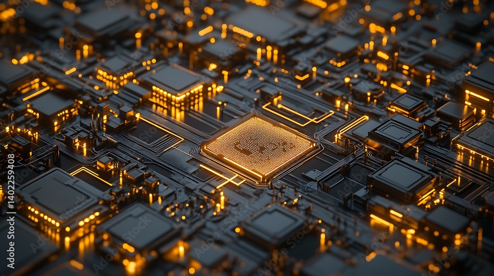 Poster close-up view of a futuristic microchip surrounded by glowing circuitry in a high-tech environment